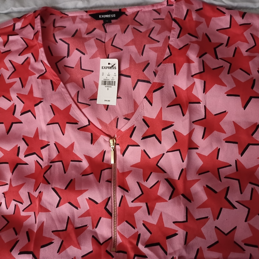 Express Pink V-Neck Blouse with Red Stars